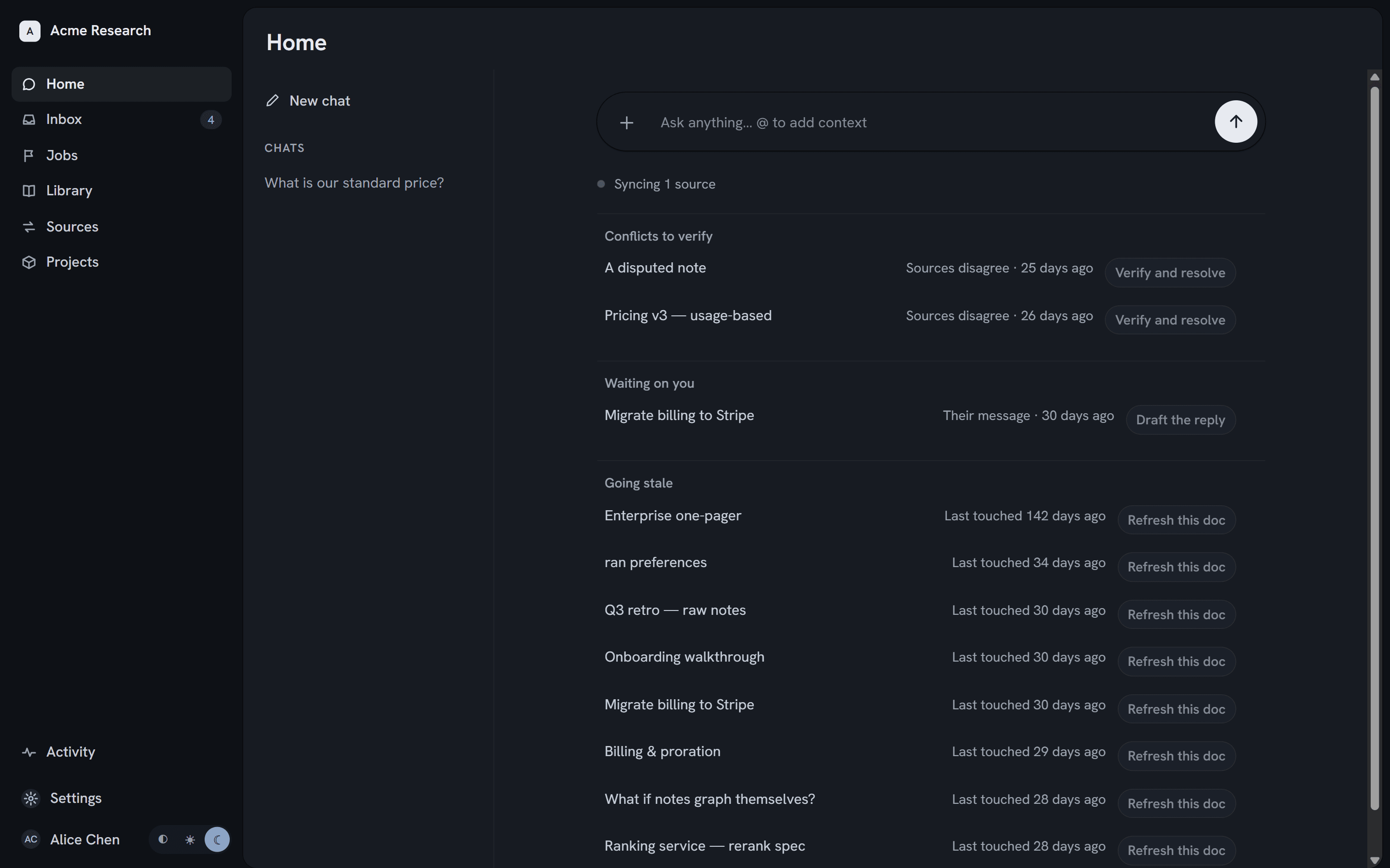 The ran home screen — an ask bar resting over the tools you've connected.