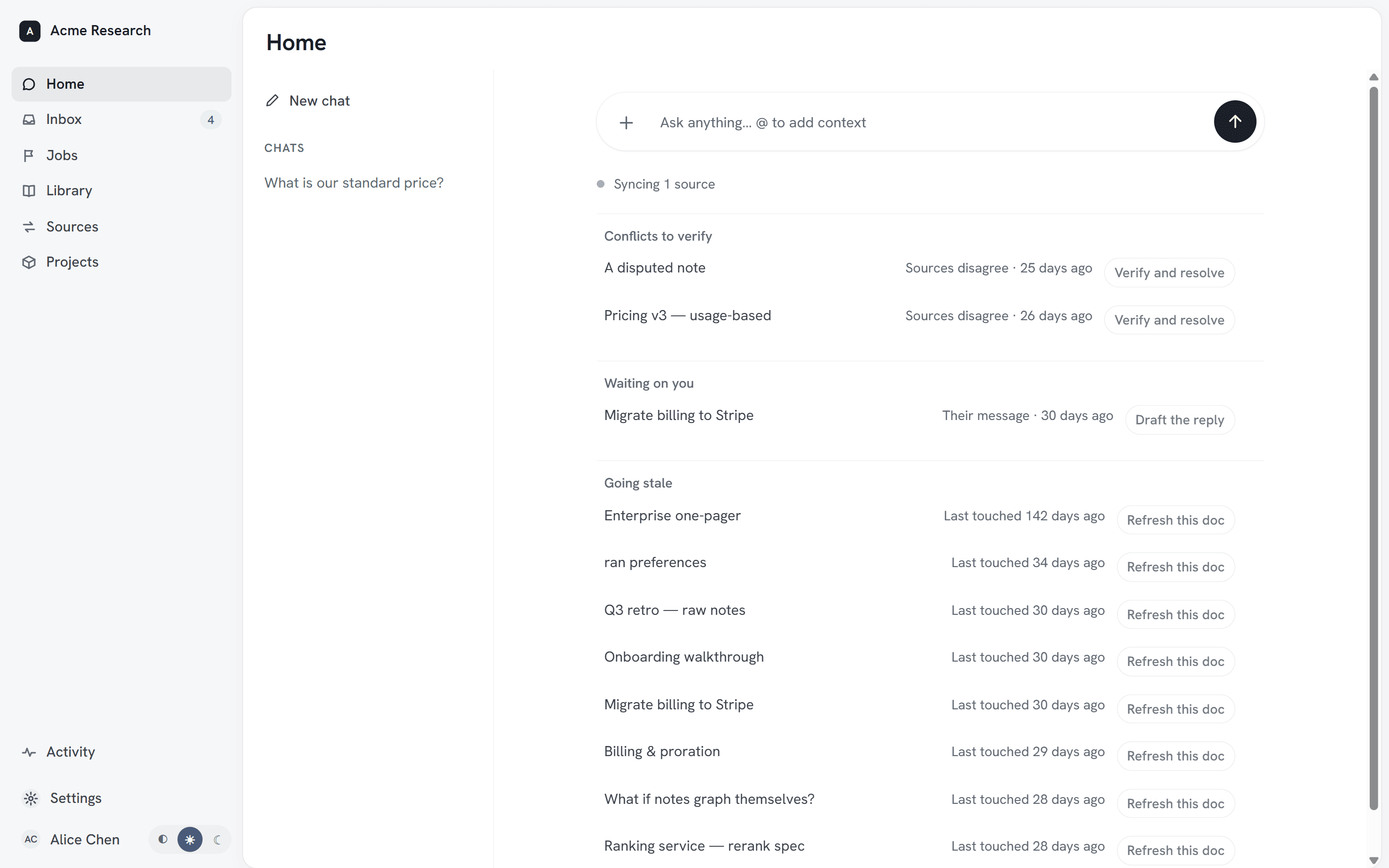 The ran home screen — an ask bar resting over the tools you've connected.