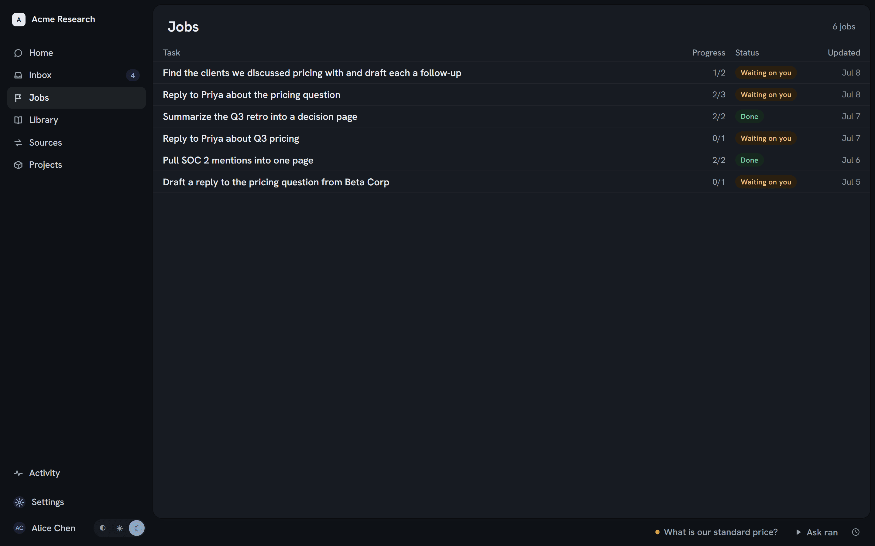 ran's Jobs list — each job on its own row with its step progress and status, several marked waiting on you.