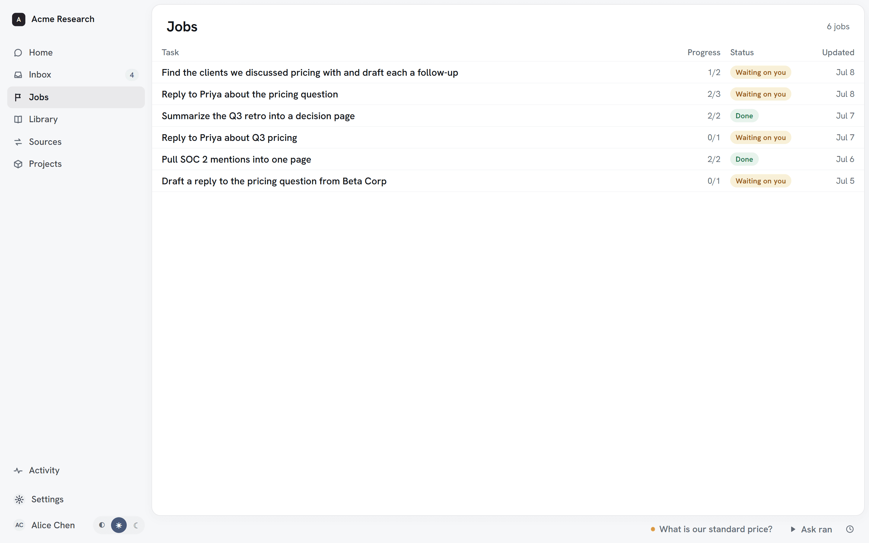 ran's Jobs list — each job on its own row with its step progress and status, several marked waiting on you.