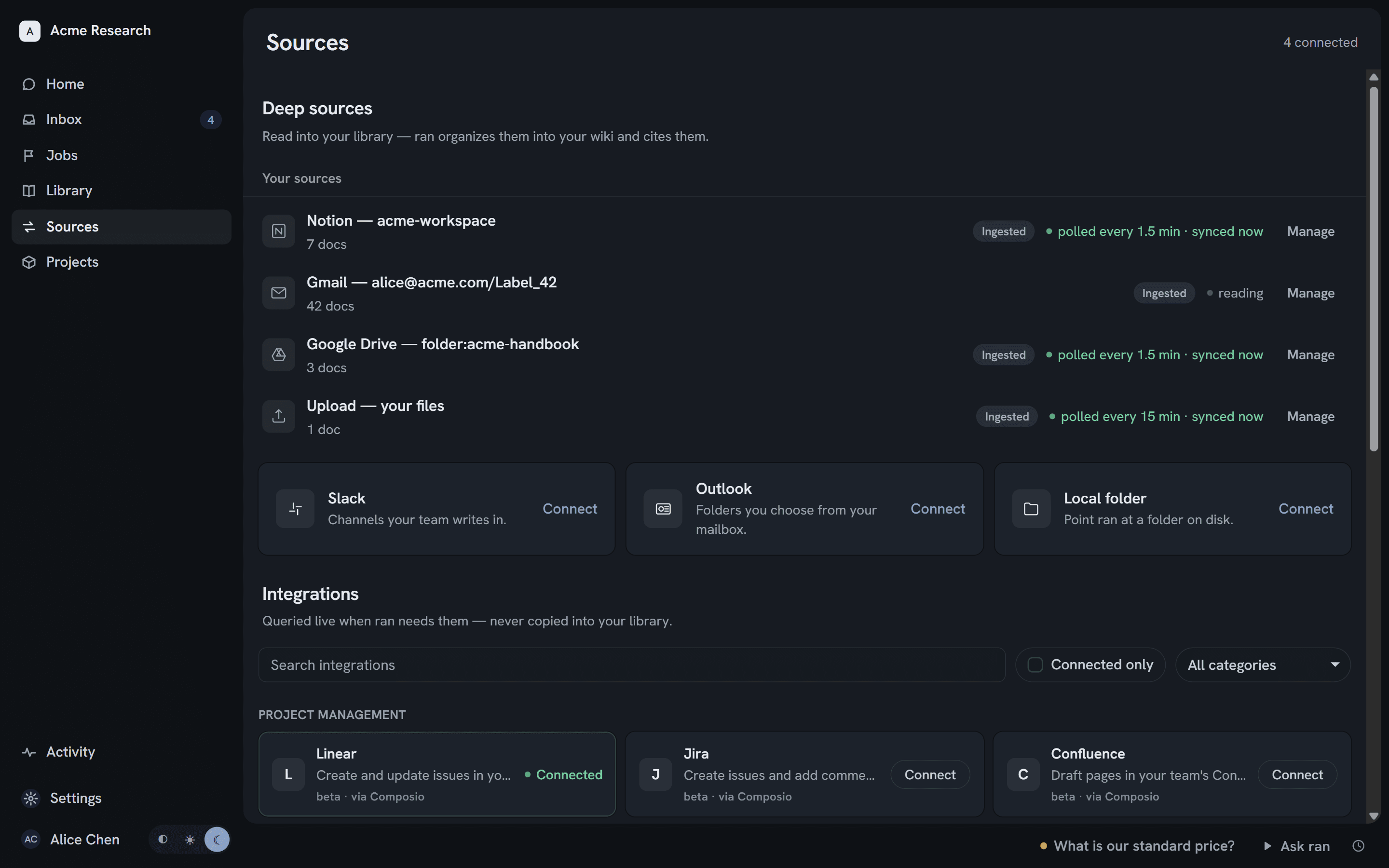 ran's sources screen — Notion, Slack, Gmail and Drive connected, each kept current on its own.
