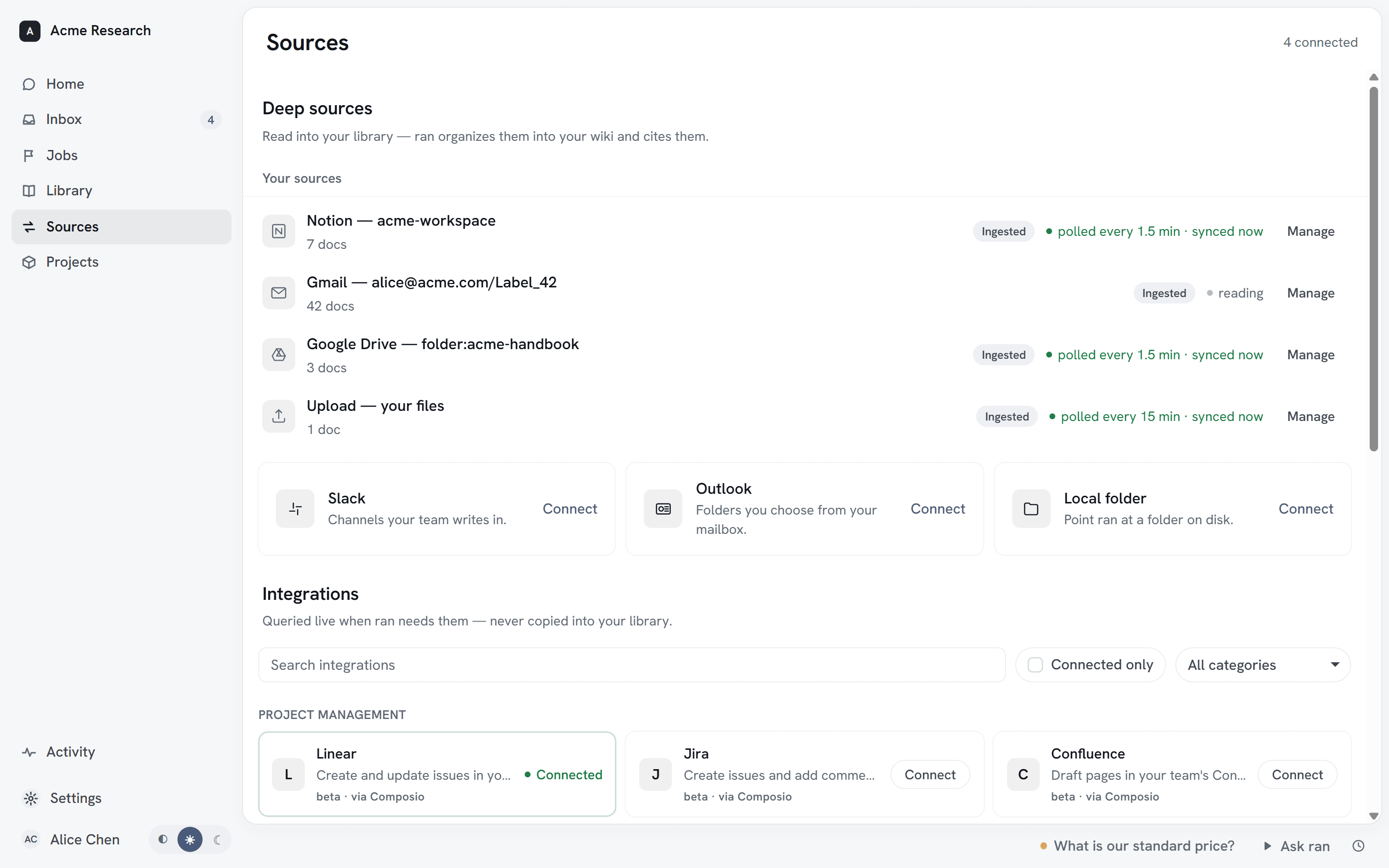 ran's sources screen — Notion, Slack, Gmail and Drive connected, each kept current on its own.